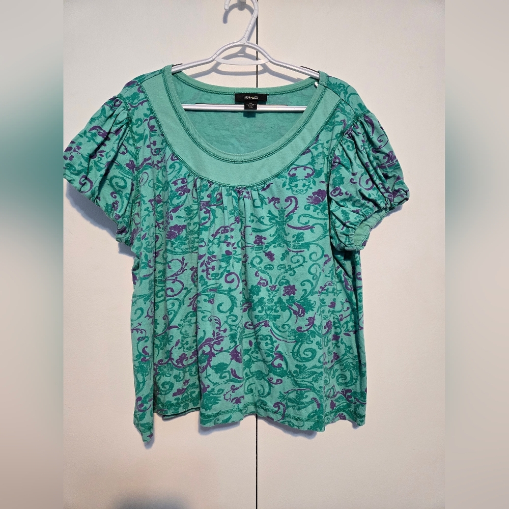 Style & Co Teal and Purple Patterned Puff Sleeve‎ Top
